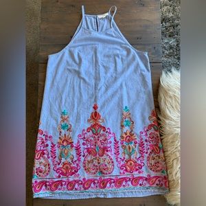 Entro Chambray Embroidery Shift Dress Women's Size Large Summer Boho Peasant